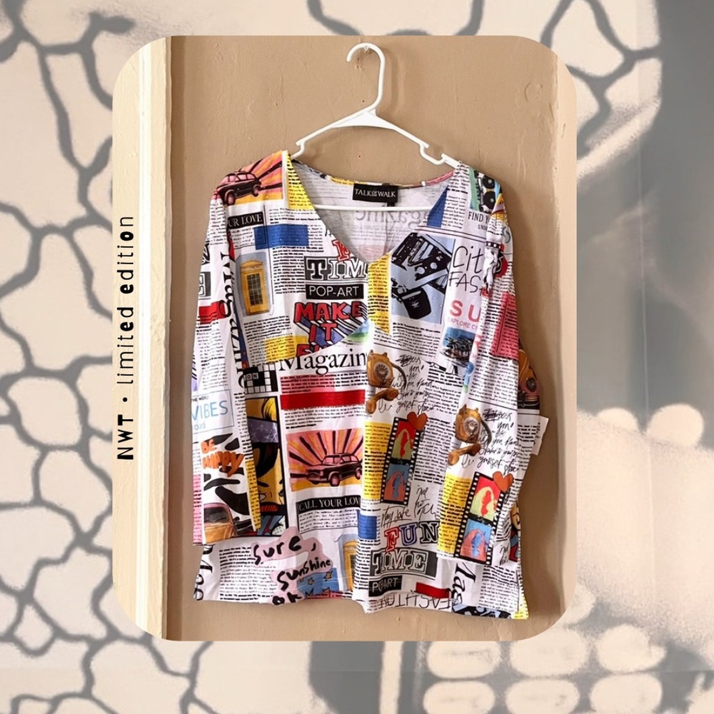 🏷️🆕🎉 retro pop art Y2K magazine print v-neck top with rhinestones